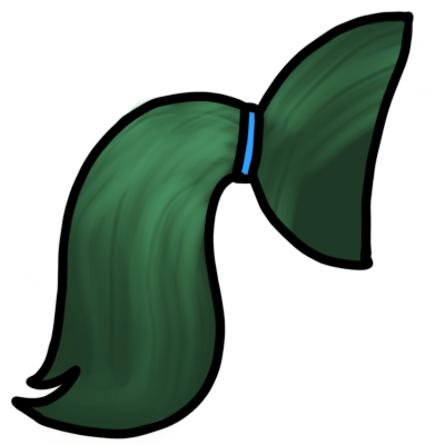 a medium-length ponytail of straight dark green hair, tied with a blue hairtie.